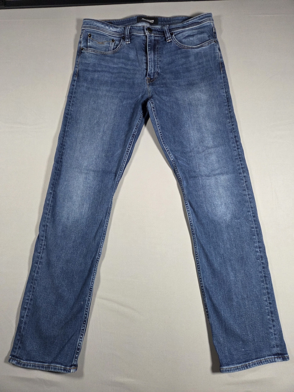 RevTown Men's Sharp Straight Fit Mid-Blue Denim Jeans 34x32